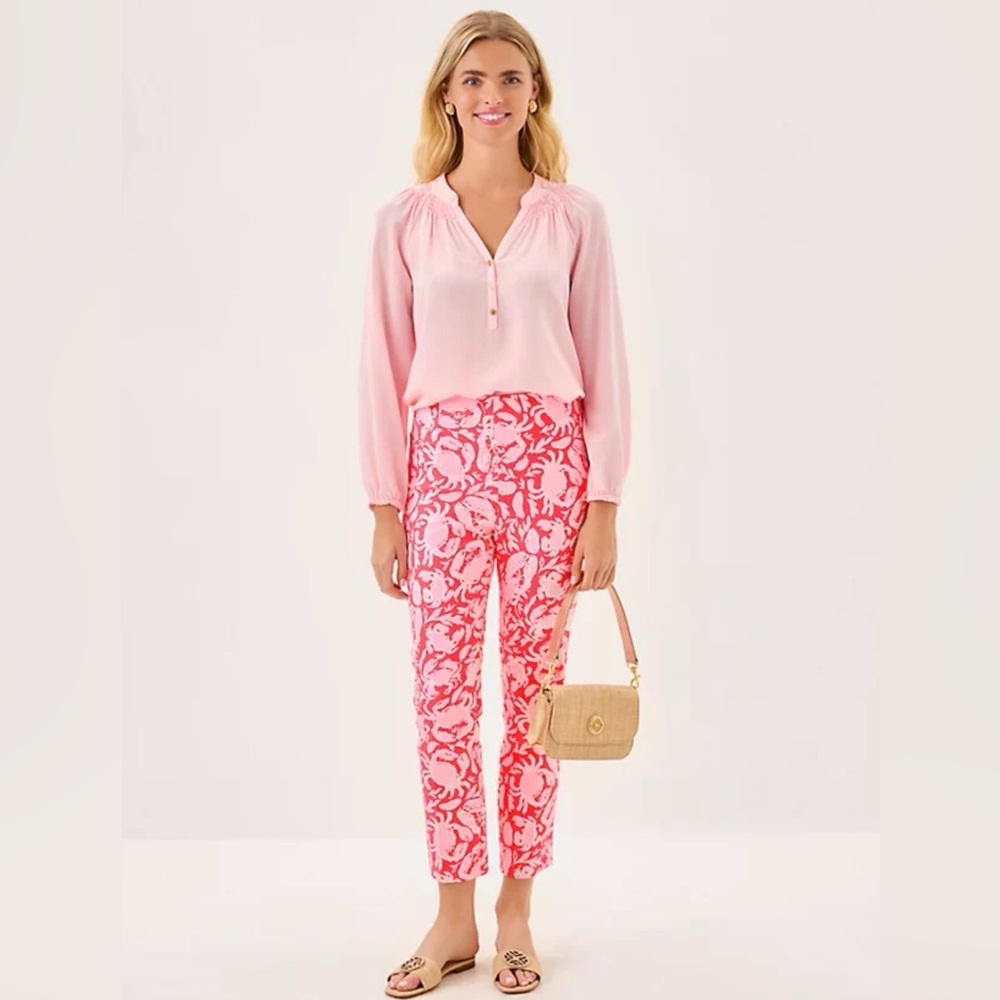 Lilly Pulitzer 27" Nancee High Rise Crop Pant Sunbaked Cane Coral Crab Collab 16